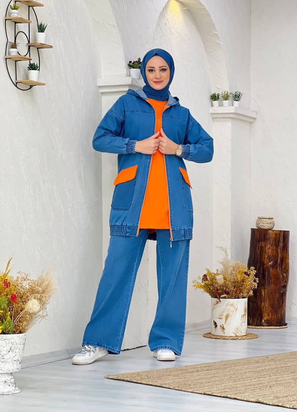 ENSEMBLE AMALI 3 PIECES EN JEAN(BLEU-ORANGE)