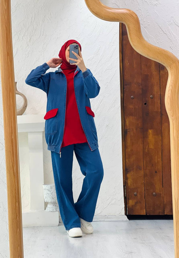 ENSEMBLE AMALI 3 PIECES EN JEAN (BLEU-ROUGE)