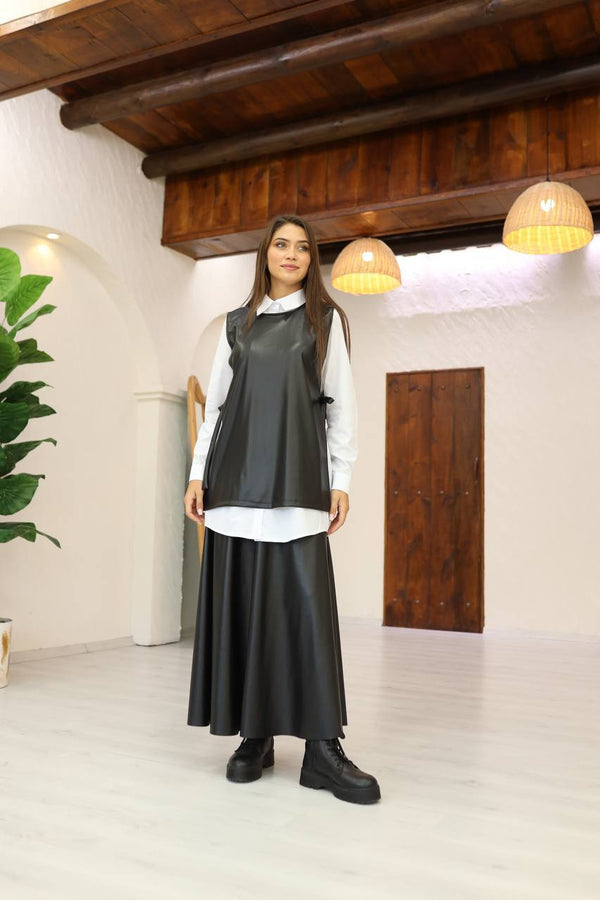 TAILLEUR RAKI NOIR EN SIMILICUIR 3 PIECES